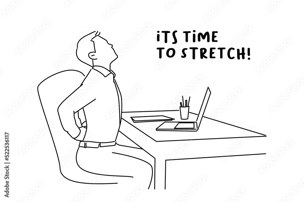 Wall mural Cartoon of tired office worker stretch in chair suffer from sitting long in incorrect posture. line art style