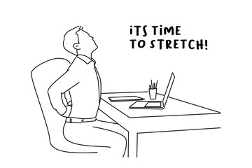 Cartoon of tired office worker stretch in chair suffer from sitting long in incorrect posture. line art style