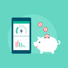 Save money on your electrical bill: energy efficiency app on smartphone and coins falling in a piggy bank