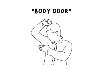 Cartoon of businessman smelling his armpits. Outline drawing style art