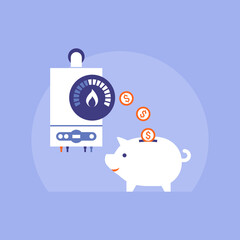 Save money on your heating bill: energy efficient boiler and coins falling in a piggy bank