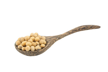Soybean on wooden spoon isolated on white background with clipping path..
