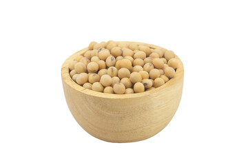Soy beans in bowl wood isolated on white background with clupping path