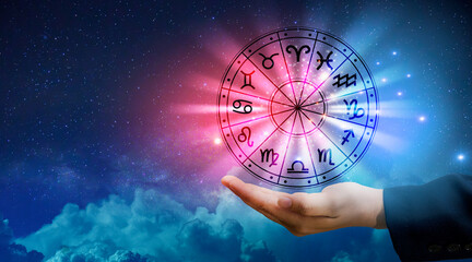 Zodiac signs inside of horoscope circle. Astrology in the sky with many stars and moons  astrology...