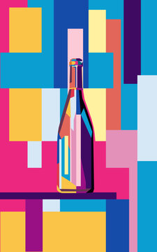 Vector illustration colorful bright bottle of wine on a multicolored background.