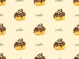 Cake cartoon character seamless pattern on yellow background. Pixel style