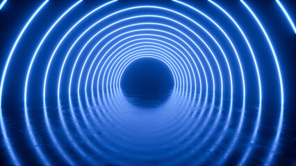 Abstract neon tunnel in blue color, demo background - 3D rendering