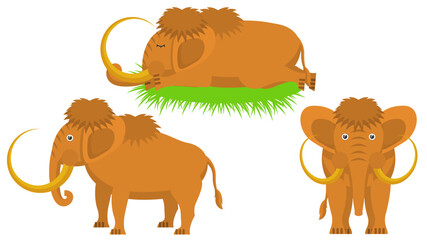 Set Abstract Collection Flat Cartoon Different Animal Mammoths Stand, Sleeping In Grass Vector Design Style Elements Fauna Wildlife