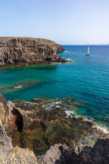 Rocky ocean coast of Lanzarote island, Canary Islands, Spain.