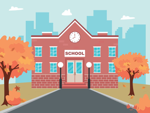 Autumn landscape with school. Flat fall vector illustration