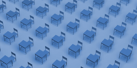 School desks banner. Back to school. 3d illustration.