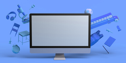Online education concept with computer. Back to school. Screen with floating educational objects. 3D illustration. Copy space. Banner.