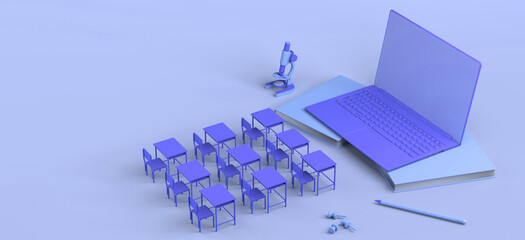 Concept of online education. Distance learning. Desks in front of the laptop. 3D Illustration. Copy space. Banner.