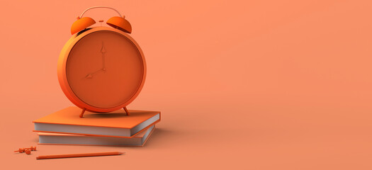 Concept of school. Alarm clock on top of books with pencil. 3D illustration. Back to school. Copy space. Banner.