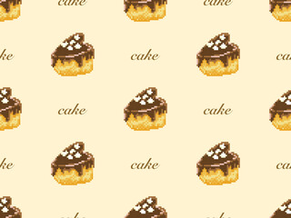 Cake cartoon character seamless pattern on yellow background. Pixel style
