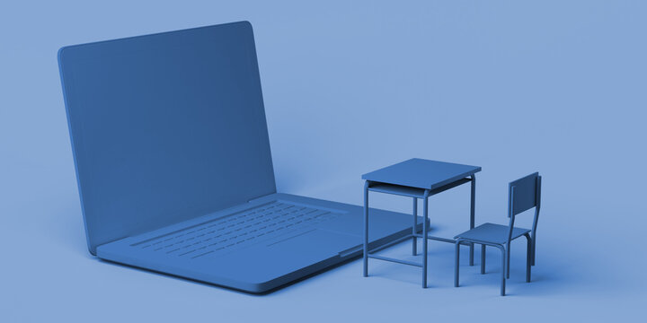 Online school. Laptop in front of class desks. 3d illustration.