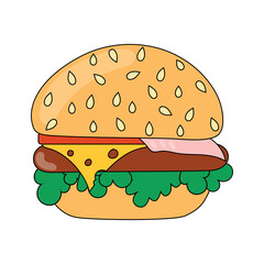 cute hamburger with cutlet, salad, sesame seeds.