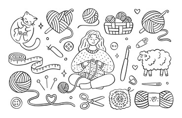 Crochet doodle illustration of girl knitting clothes, cat playing with wool yarn ball, sheep, hook, skein. Hand drawn cute line art about handmade. Drawing for coloring