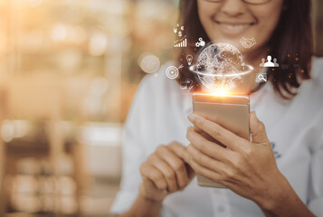 Digital link tech, big data.Businesswoman using mobile smart phone. Business global internet connection application technology and digital marketing, Financial and banking