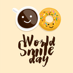 Illustration a cup coffee with donut on light background with text World smile day