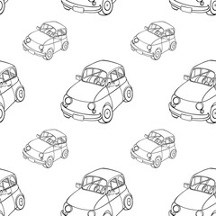 Seamless minimalistic pattern with drawn cars. Linear print for children's textiles, wallpaper, postcards, clothes, posters, screensavers. Children's seamless pattern.