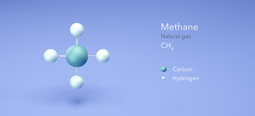 methane, natural gas, Marsh gas, molecular structures, 3d rendering, Structural Chemical Formula and Atoms with Color Coding