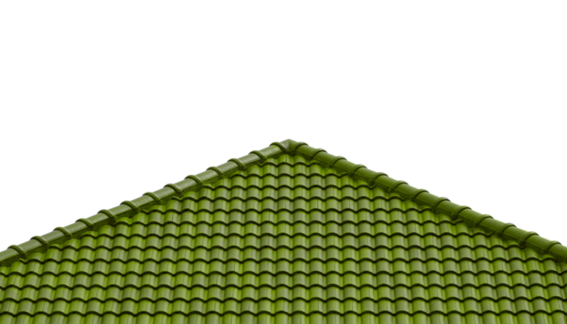 Green roof tiles in fern or dark moss color tone on transparent background, png file