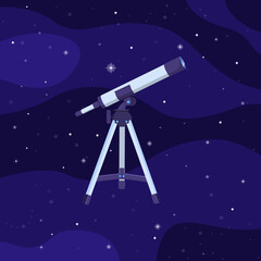 Colorful vector illustration of telescope on space background. Exploration of the space of the universe.