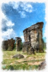 landscape of large natural stone blocks in nature watercolor style illustration impressionist painting.
