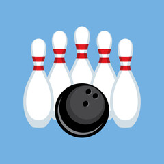 White bowling pins and a black ball icon vector. Five bowling pins and ball icon isolated on a blue background. Bowling skittles drawing