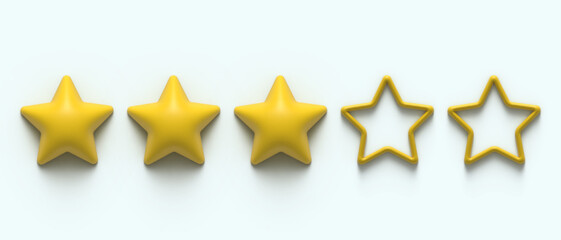 Three gold stars from five. Five 5 star rank sign. Ranking system. 3d ranger glossy golden stars sticker icon rating isolated on background. Service rating, achievement, review symbol. Classification
