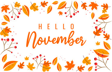 Hello november. Autumn word on white background With leaves. Hand drawn Calligraphy lettering Vector illustration