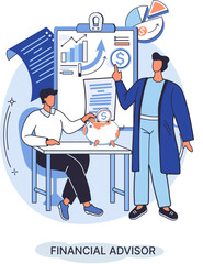 Financial advisor giving advice clients how to save, increase funds, assesses financial condition, develops investment policy, scheme for working with banking institutions, makes management decisions