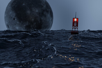 On a full moon night, floating lanterns in the middle of the sea. 3d - obrazy, fototapety, plakaty