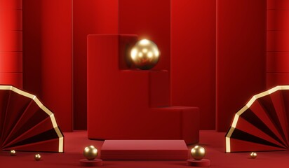 3D rendering of blank product background for cream cosmetics Modern red podium background