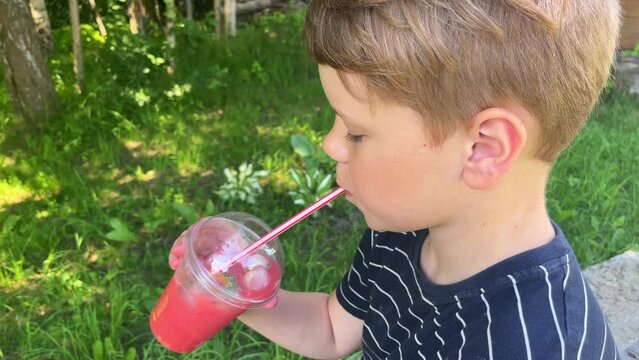 A little boy drinks fresh lemonade with fresh strawberries with ice cubes in the garden.