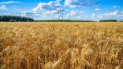 A field with ripening rye, a beautiful sky, a forest in the distance, power lines on a sunny summer day in the early evening.