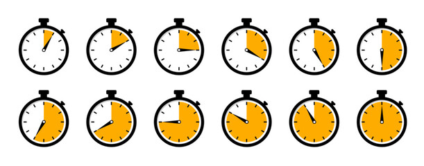 Clocks icon collection design. Countdown 5, 10, 15, 20, 25, 30, 35, 40, 45, 50, 55, 60 minutes. Timer, clock, stopwatch. - obrazy, fototapety, plakaty