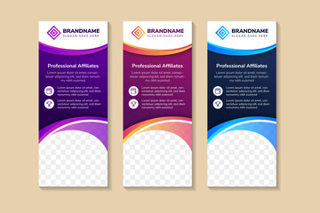 roll up banners template design with headline is professional affiliate. space of photo and text. Advertising banner with vertica layout. multicolor gradient colors element in colorful background