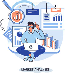 Market analysis metaphor marketing strategy development. Business research. Identify business determine solutions business problems solving. Marketer analyzes sales plan, doing an advertising campaign