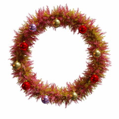round beautiful Christmas wreath made of coniferous, golden and pink twigs, Christmas balls toys, isolated white, 3d illustration - obrazy, fototapety, plakaty
