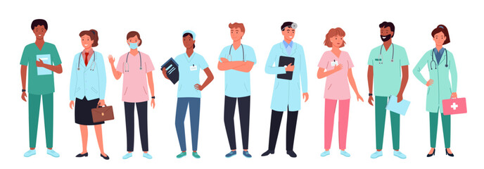 Doctors set vector illustration. Cartoon isolated professional hospital team with nurse character, surgeon and physician with stethoscope, optometrist and ambulance staff, workers of medical service