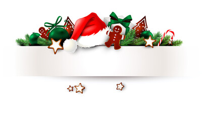 Christmas decoration with bend paper banner. Christmas gifts, cookies, gingerbread man, santa hat and fir twigs. - 522547109