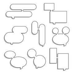 collection set of simple black and white speech bubble balloon, text box in circle and square shape, think speak talk text box banner, flat design vector illustration