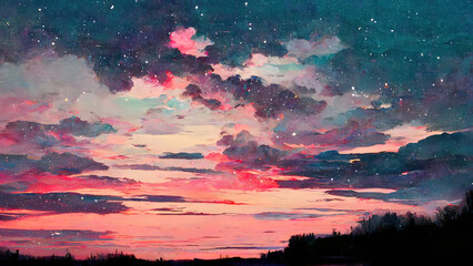 Red sunset landscape, anime, manga, digital art drawing. Romantic painting of a landscape with clouds and stars. Abstract 4k digital image of moody sad, lovely landscape, janapese illustration style.