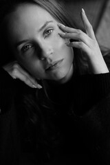 Sensual black and white portrait of a young brunette