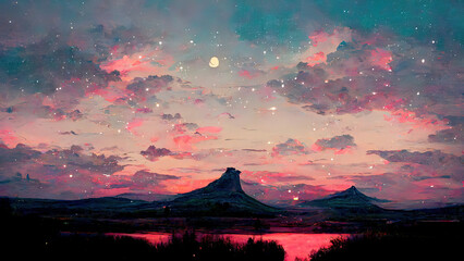 Red sunset mountain landscape, anime, manga style. Digital painting, of a dawn, dusk scenery with clouds, grass and hills. Red and green colors. Romantic, sad 4K wallpaper, background, cartoon drawing