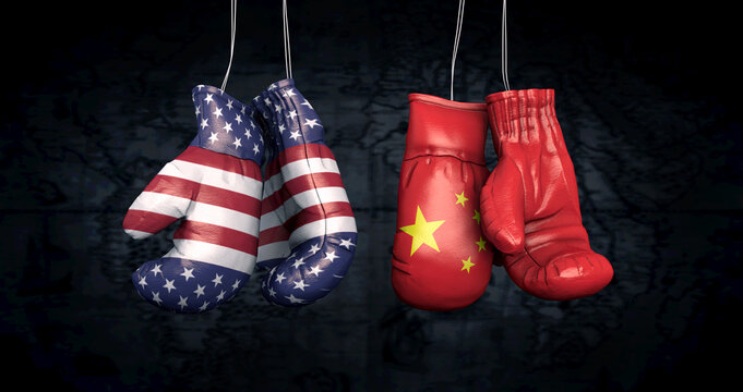 Hanging boxing gloves with the flag of the United Stats of America and the National Flag of the People's Republic of China illustrate the tensions between the two countries - 3d illustration