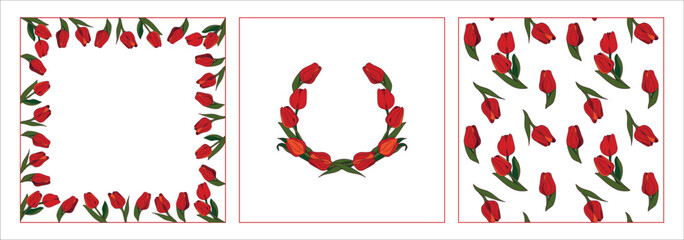 Тulip, frame and seamless pattern