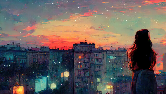 Girl in love looking in the distance. Anime, manga style painting, drawing. Red sunset, sunrise. Romantic sad, lofi feeling. Beautiful scenery. 4k moody wallpaper. Moon clouds and stars.